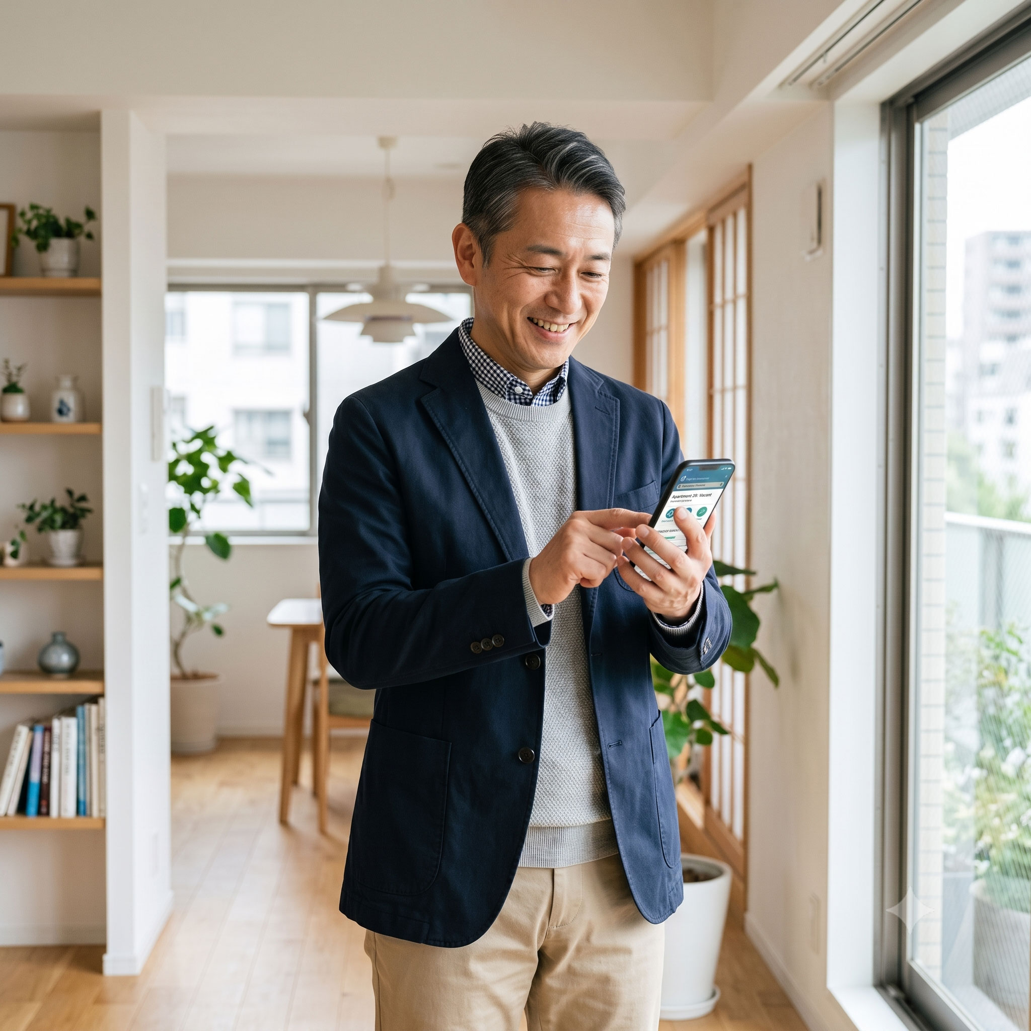 スマホで案件を確認する不動産投資家（大家）のイメージ